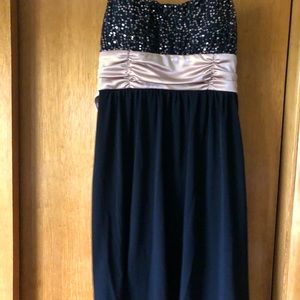 Black dress with gold shimmer top portion, spaghetti strap